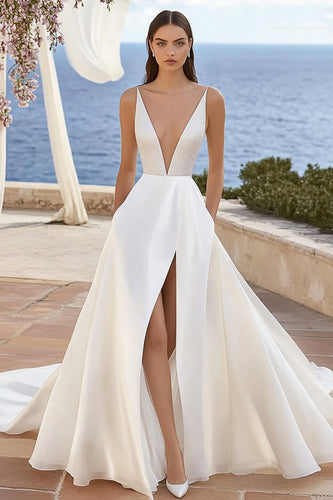 Ivory Chiffon V Neck Sweep Train Ball Gown Wedding Dress with Slit