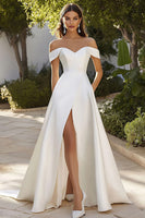 Load image into Gallery viewer, Ivory Off The Shoulder Floor-Length A Line Wedding Dress with Slit