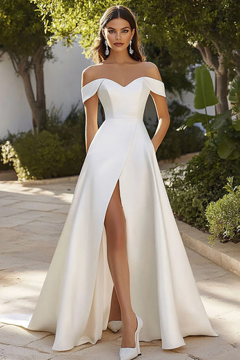Ivory Off The Shoulder Floor-Length A Line Wedding Dress with Slit