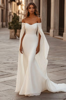 Load image into Gallery viewer, Ivory Off The Shoulder Sweep Train Mermaid Wedding Dress with Cape