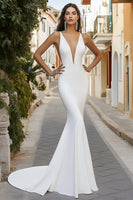 Load image into Gallery viewer, Ivory Satin V Neck Sweep Train Mermaid Wedding Dress