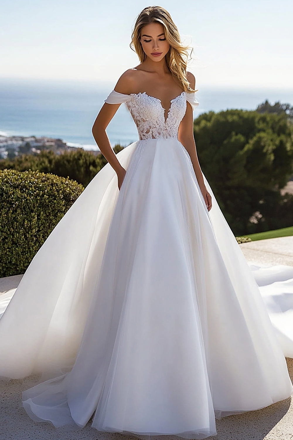 Ivory Sweep Train Ball Gown Boho Wedding Dress with Lace