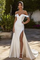 Load image into Gallery viewer, Ivory Off The Shoulder Sweep Train Mermaid Wedding Dress with Slit