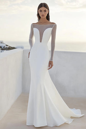 Ivory Bateau Long Sleeves Sweep Train Mermaid Wedding Dress
