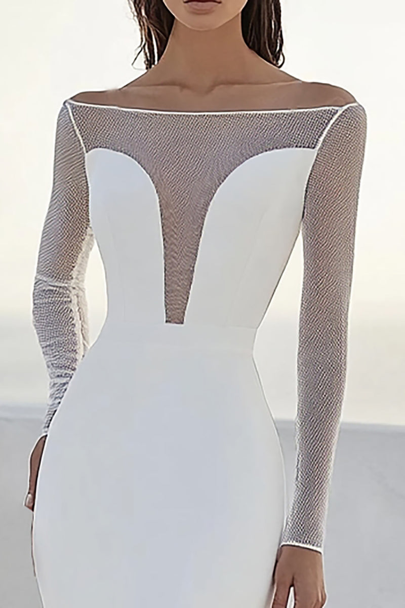 Load image into Gallery viewer, Ivory Bateau Long Sleeves Sweep Train Mermaid Wedding Dress