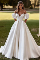 Load image into Gallery viewer, Ivory Puff Sleeves Sweep Train Ball Gown Wedding Dress