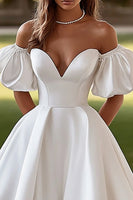 Load image into Gallery viewer, Ivory Puff Sleeves Sweep Train Ball Gown Wedding Dress