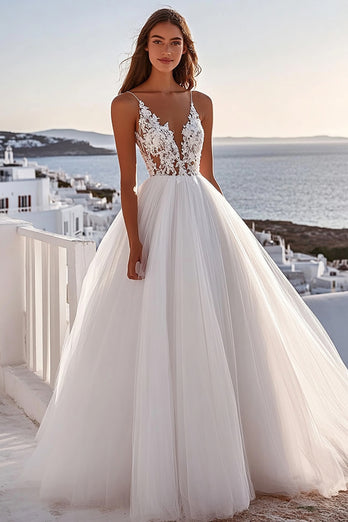 Ivory Floor-Length Ball Gown Boho Wedding Dress with Lace