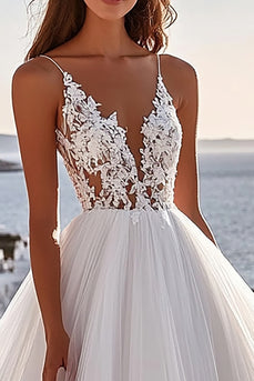 Ivory Floor-Length Ball Gown Boho Wedding Dress with Lace