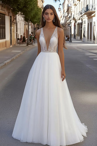 Ivory Organza V Neck Floor-Length A Line Wedding Dress with Beading