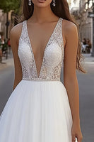 Load image into Gallery viewer, Ivory Organza V Neck Floor-Length A Line Wedding Dress with Beading
