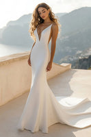 Load image into Gallery viewer, Ivory Satin Deep V Neck Sweep Train Mermaid Wedding Dress