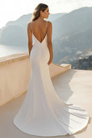 Load image into Gallery viewer, Ivory Satin Deep V Neck Sweep Train Mermaid Wedding Dress