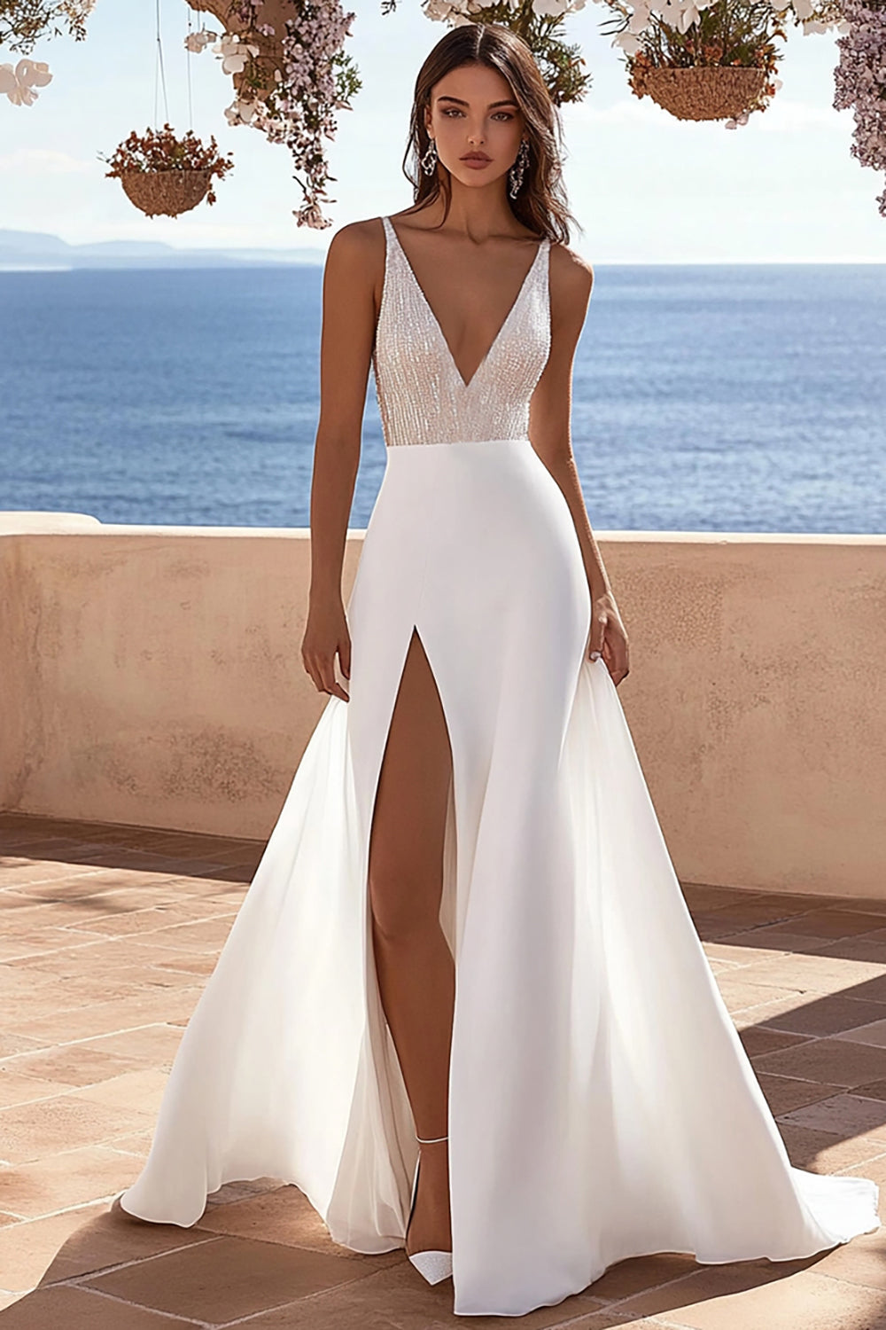Ivory V Neck Sweep Train Mermaid Boho Wedding Dress with Slit