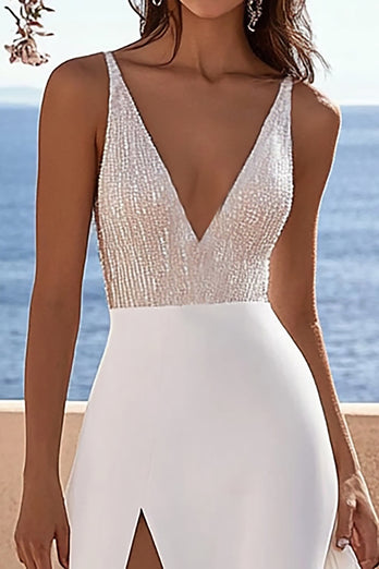 Ivory V Neck Sweep Train Mermaid Boho Wedding Dress with Slit