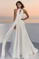 Load image into Gallery viewer, Ivory Satin V Neck Sweep Train A Line Boho Wedding Dress with Sash