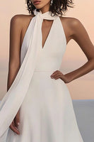 Load image into Gallery viewer, Ivory Satin V Neck Sweep Train A Line Boho Wedding Dress with Sash