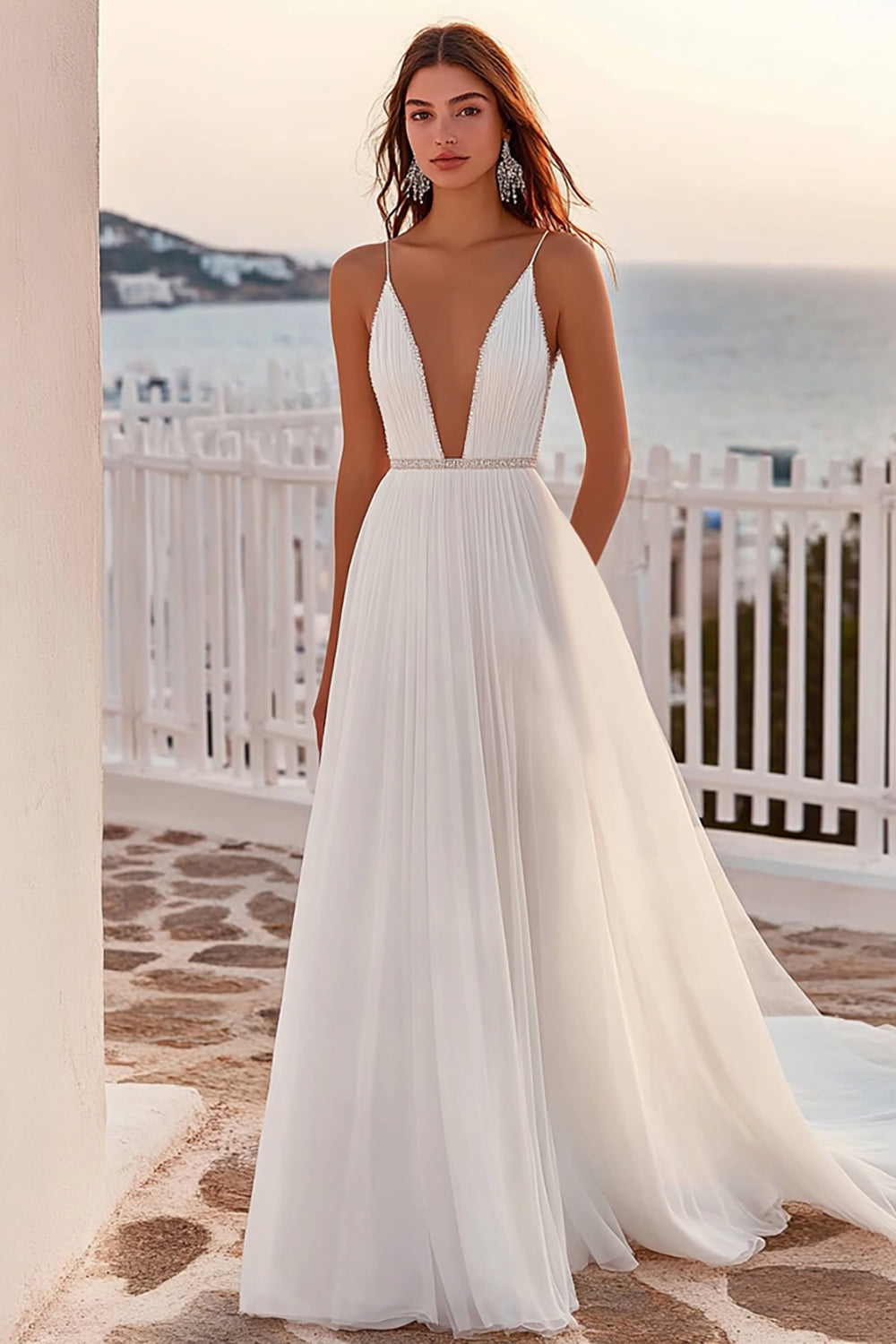 Ivory Tulle Sweep Train A Line Boho Wedding Dress with Beading