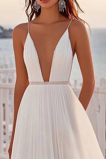 Ivory Tulle Sweep Train A Line Boho Wedding Dress with Beading