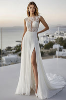 Load image into Gallery viewer, Ivory Chiffon Bateau Sweep Train A Line Boho Wedding Dress with Lace
