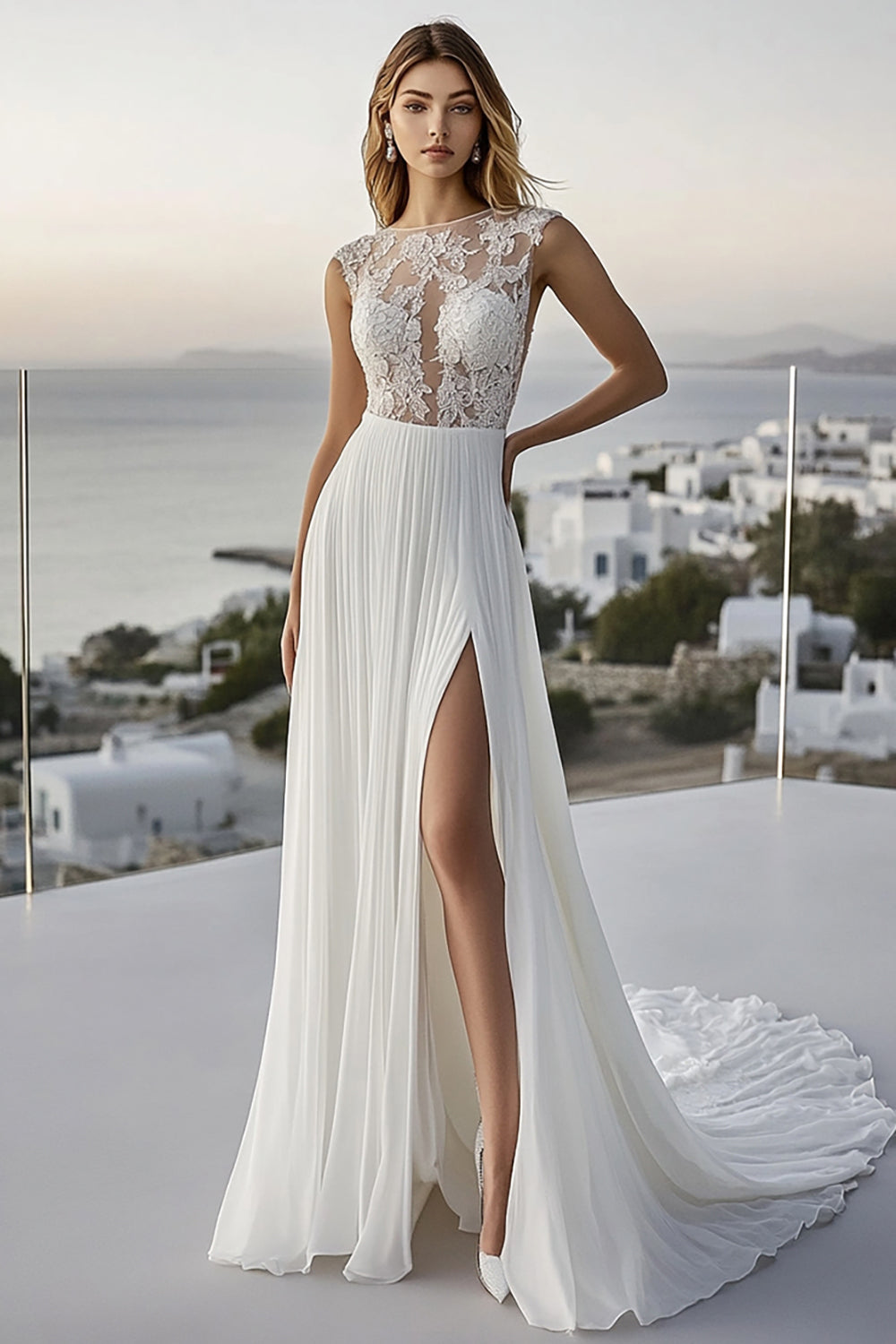 Ivory Chiffon Bateau Sweep Train A Line Boho Wedding Dress with Lace