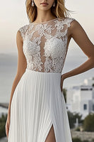 Load image into Gallery viewer, Ivory Chiffon Bateau Sweep Train A Line Boho Wedding Dress with Lace