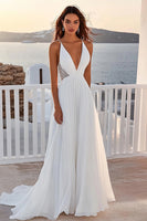 Load image into Gallery viewer, Ivory Chiffon V Neck Sweep Train A Line Boho Wedding Dress
