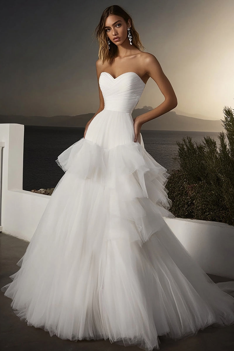 Load image into Gallery viewer, Ivory Tulle Sweetheart Sweep Train Ball Gown Wedding Dress
