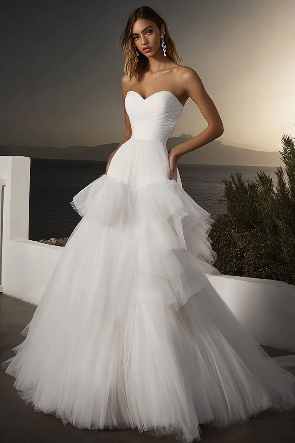 Ivory Tulle Sweetheart Sweep Train Ball Gown Wedding Dress