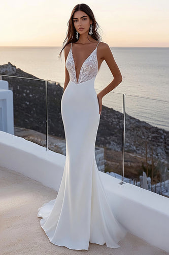 Ivory Sweep Train Mermaid Boho Wedding Dress with Lace
