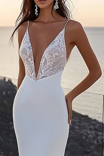 Ivory Sweep Train Mermaid Boho Wedding Dress with Lace