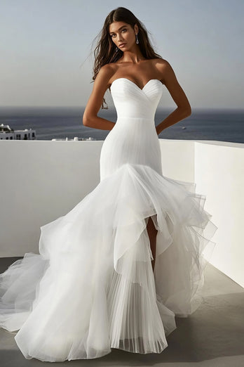 Ivory Sweep Train Mermaid Boho Wedding Dress with Ruffles