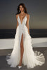 Load image into Gallery viewer, Ivory Lace Sweep Train Mermaid Boho Wedding Dress with Slit