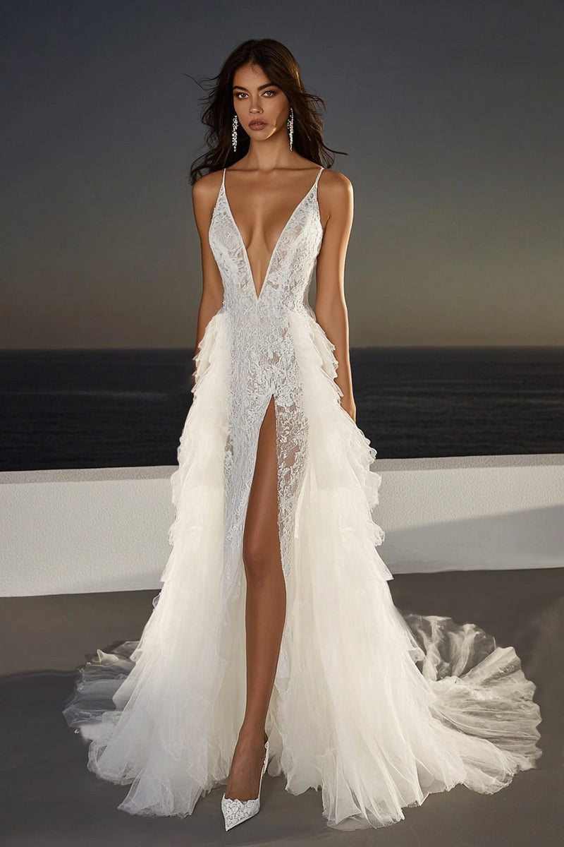 Load image into Gallery viewer, Ivory Lace Sweep Train Mermaid Boho Wedding Dress with Slit