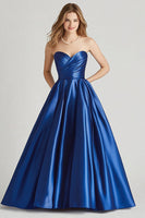 Load image into Gallery viewer, Dark Blue Ball Gown Strapless Long Satin Prom Dress