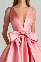 Load image into Gallery viewer, Ball Gown Pink Deep V-Neck Long Prom Dress with Bowknot