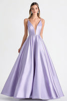 Load image into Gallery viewer, Lilac Satin Deep V-Neck Spaghetti Straps Long Prom Dress