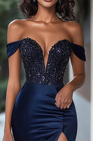 Load image into Gallery viewer, Navy Satin Mermaid Beaded Off the Shoulder Long Prom Dress with Slit
