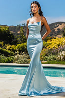 Load image into Gallery viewer, Sky Blue Mermaid Spaghetti Straps Long Satin Prom Dress