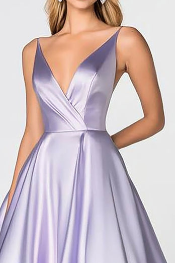 Ball Gown Lilac Satin V-Neck Long Prom Dress