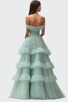 Load image into Gallery viewer, Off the Shoulder Light Green Tulle Tiered Pleated Long Prom Dress