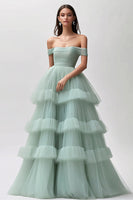 Load image into Gallery viewer, Off the Shoulder Light Green Tulle Tiered Pleated Long Prom Dress