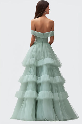 Off the Shoulder Light Green Tulle Tiered Pleated Long Prom Dress