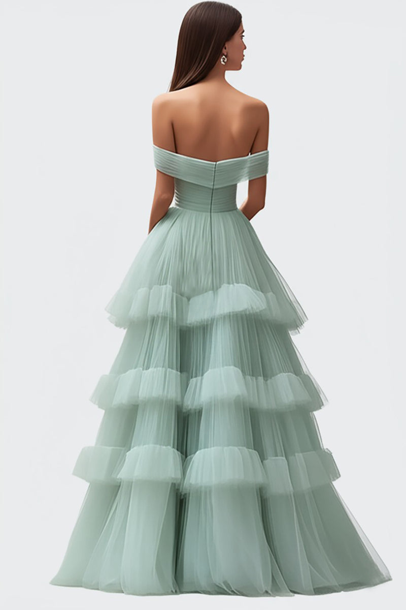 Load image into Gallery viewer, Off the Shoulder Light Green Tulle Tiered Pleated Long Prom Dress