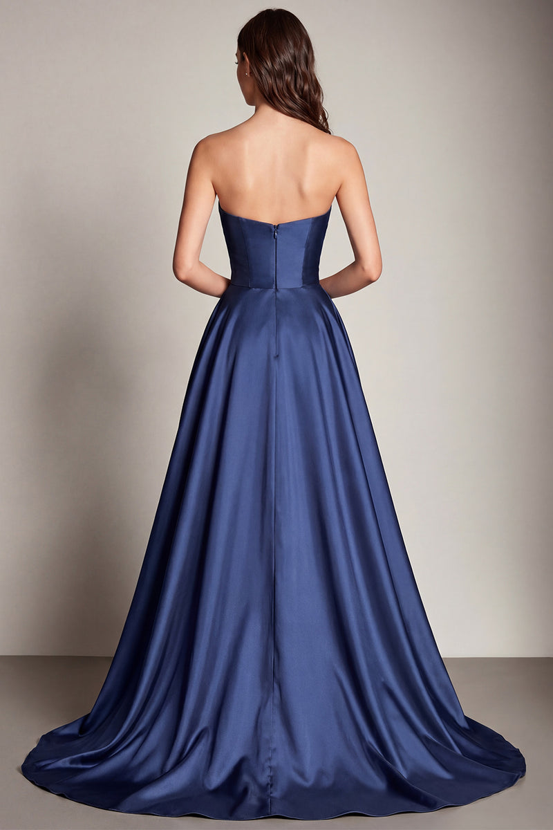Load image into Gallery viewer, Navy Sweetheart Satin Pleated Long Prom Dress