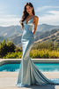 Load image into Gallery viewer, Sky Blue Satin V-Neck Mermaid Long Prom Dress
