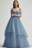 Load image into Gallery viewer, Tulle Grey Blue Tiered Ball Gown Long Prom Dress