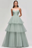 Load image into Gallery viewer, Light Green Tulle Strapless Tiered Long Prom Dress