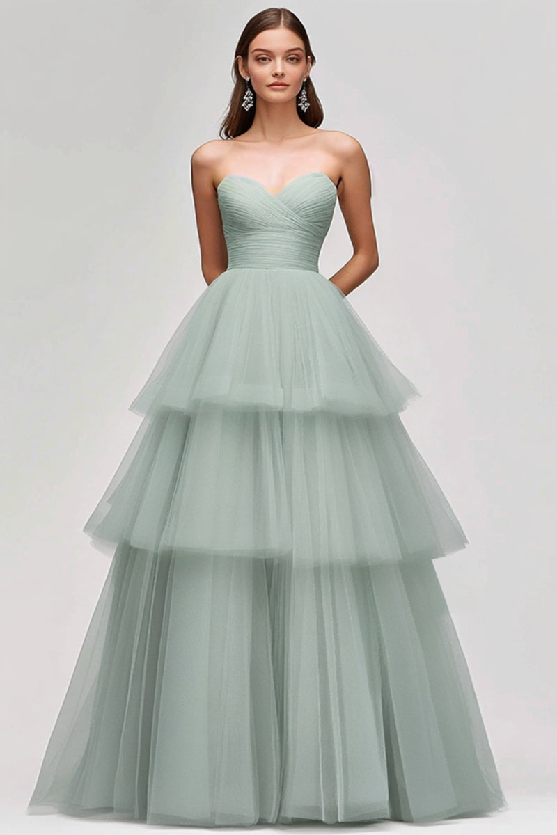 Load image into Gallery viewer, Light Green Tulle Strapless Tiered Long Prom Dress