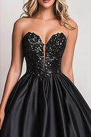 Load image into Gallery viewer, Black A Line Satin Corset Sweetheart Long Prom Dress